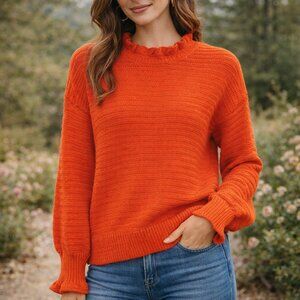Madewell SZ L Ruffle-Neck Pullover Sweater in Cotton-Merino Yarn Color: Knit Red